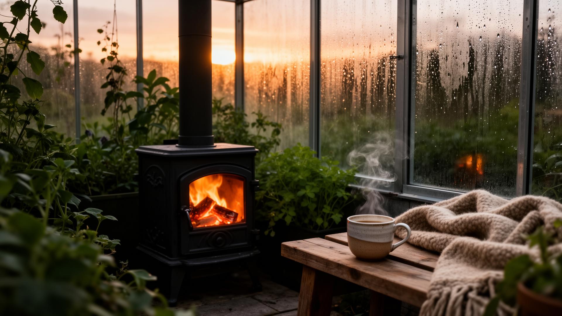 Brændeovn i drivhus – varme og hygge